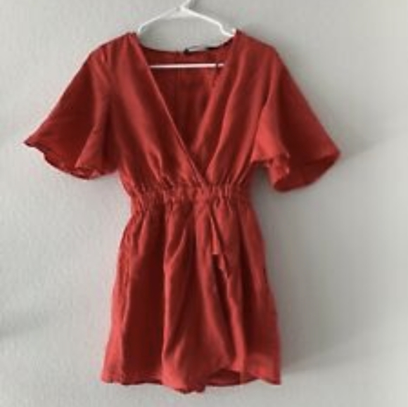 Zara Bright Red Linen Blend Romper, L - Picture 4 of 6